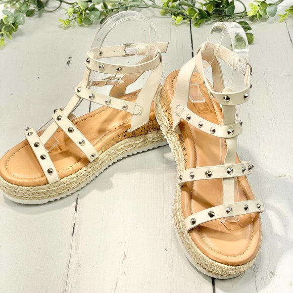 Rilista Shoes - Women's Studded Cream Platform Wedges Espadrille Ankle T-Strap Sandals (sz 7)